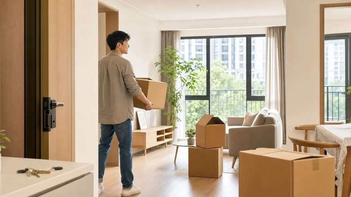 A new resident carrying a moving box into a bright apartment in China