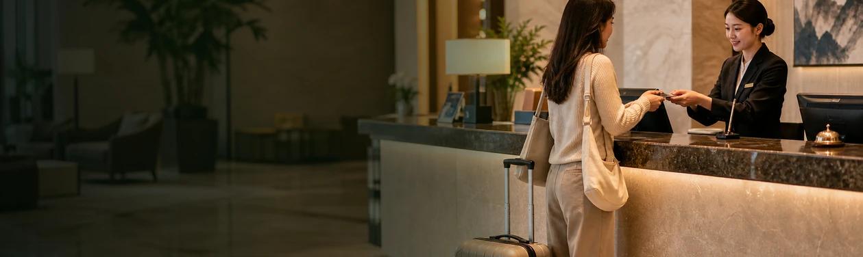 Hotel front desk check-in scene with a guest showing a passport and receiving a room card