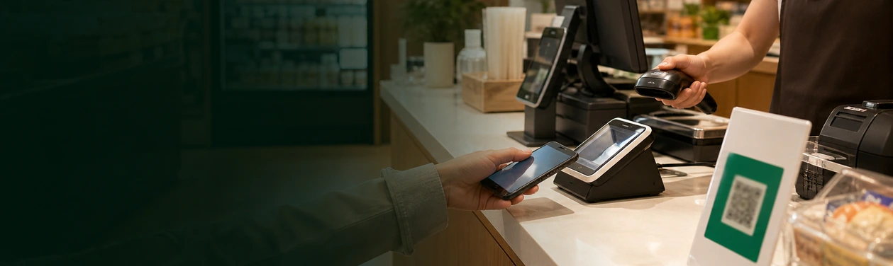 Bright cashier counter with a customer paying by phone using a mobile payment QR code