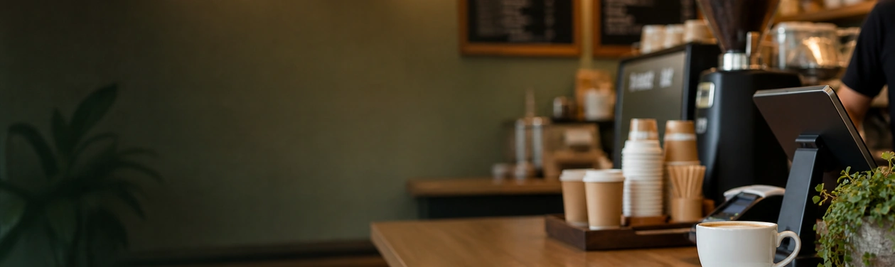 Bright cafe counter with coffee cups, ordering area, and natural coffee shop atmosphere