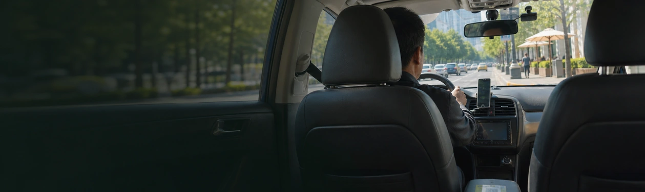 Bright taxi interior and city street view for a passenger taking a taxi to a destination