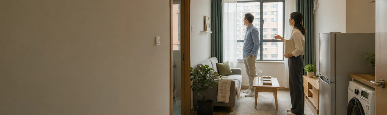 A renter inspecting an apartment while discussing rent and fees with a real estate agent in China